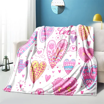 Розово одеало с принтом Love HD, фланелевое топло меко плюшевое одеало за диван-легло, плюшевое одеяло за къмпинг, одеяло за поръчка-подарък