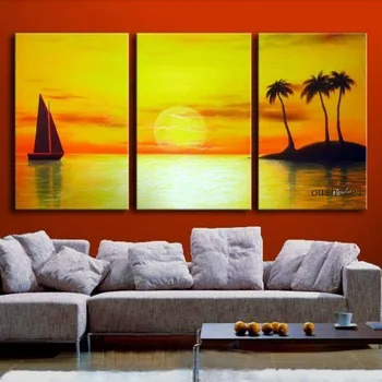 Ръчно Рисувани 3 Панела На Стенно Изкуство, Модерна Живопис Изгрева На Слънцето, За Да Украсят Дома На Платното Боя Лодка Ръчно Рисувани Морски Пейзаж