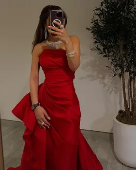 Секси дамски червени рокли за бала Русалка без презрамки и дължина до пода плиссированное рокля за специални случаи Темпераментное вечерна рокля