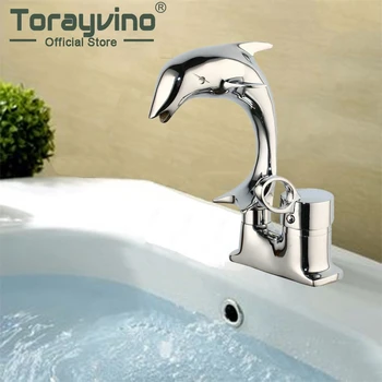 Смесител за мивка в банята, симулиращ делфин, месинг хромиран кран, висококачествени смесители за топла и студена вода
