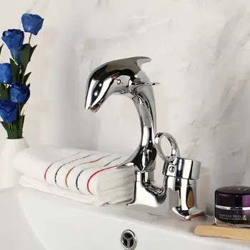 Смесител за мивка в банята, симулиращ делфин, месинг хромиран кран, висококачествени смесители за топла и студена вода