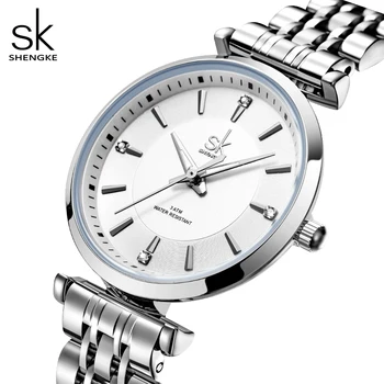Сребърни часовници SHENGKE за жени, луксозни ръчен часовник, водоустойчив кварцов дамски часовник от неръждаема стомана, гривна, дрехи, часовник