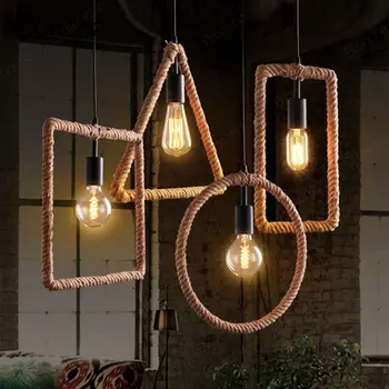 Стари висящи осветителни тела от плетени въжета, модерна индустриална подвесная лампа, интериор в стил loft, висящи лампи за бар, кафене, кът за хранене, лампи