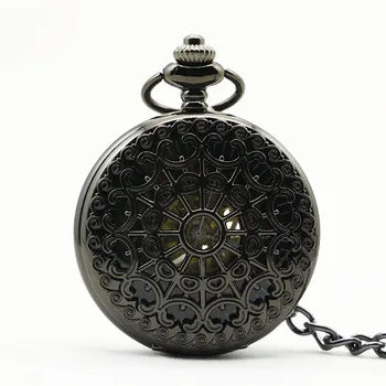 Старинни джобни часовници с кухи цифри черен паяк, ретро steampunk, ръчно часовников механизъм джентълмен, ключодържател, верижка, подарък