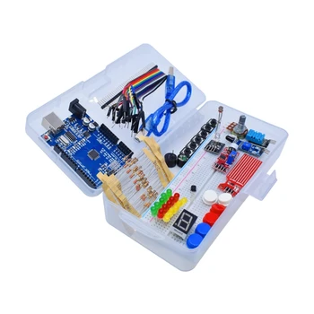 Стартов комплект за макетной платка Arduino Uno R3 Основен прост модул за обучение набор, определяне на звука / на нивото на водата/ влажност / разстояния, led управление