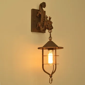 Таванско помещение Ретро-индустриален стил, с монтиран на стената лампа, Коридор, Стълбище и балкон ресторант Бар американски желязната стена лампа във формата на дракон с дълги ръкави
