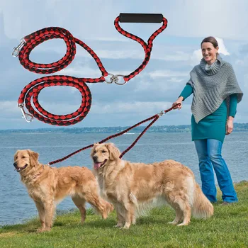 Тежкотоварните 2-лентов найлонова оплетка двойна каишка за кучета, силни кучета, двойни каишки, съединител, каишки за домашни любимци, за разходки, бягане на средни и големи кучета