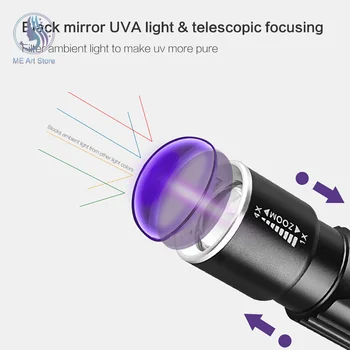 Фенерче с лилаво светлина 365 395нм UV-ръчно фенерче led uv фенерче с увеличение, прибиращ се лампа, нефритови детектор, фенерче