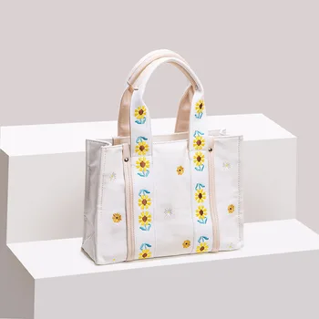 Холщовая чанта-тоут с бродерия на цветя, луксозна дизайнерска чанта, дамска чанта, безплатна доставка, дамски чанти, дамски чанти за пазаруване, Bolsas
