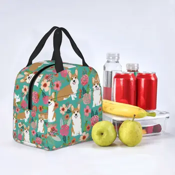 Чанта за обяд за жени, деца, corgi, ретро стил, цветя, охладител за кучета, преносими хладилник за пикник, Оксфорд чанта за животни, чанти за съхранение на храни