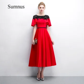 Червени драпирани сатенени вечерни рокли трапецовидна форма с 3D цветен модел и кръгло деколте, рокля с къс ръкав за дейности, халат за баня, вечерни рокли с дължина до чай