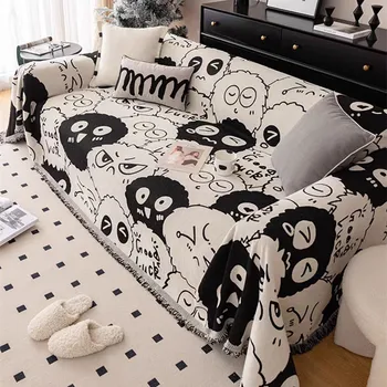 Черно-бял cartoony сладък калъф за дивана с пискюли, прости завивки за легла, покривки за мека мебел в стил Ins, подложка за пикник на открито, подложка за къмпинг