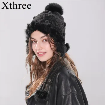 Шапки-бомберы Xthree, зимна дамска шапка, топла шапка с уши на заек кожа, шапка-trapper с помпоном