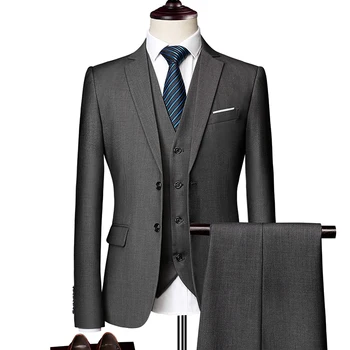 (Яке + жилетка + панталони) мъжки костюм от три елемента, нов монофонични монтиране бутик, бизнес модерен мъжки костюм, комплект