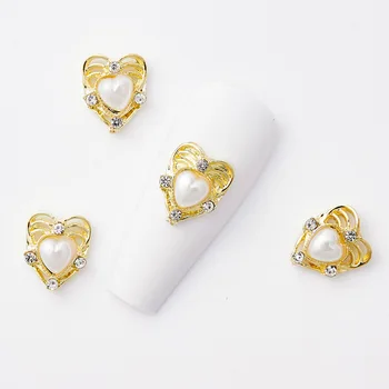 10 бр./лот, висулки за дизайн на ноктите под формата на метален сърцето, 3D любов сплав с перли, кристали, бижута за нокти, луксозни аксесоари за маникюр 