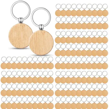120 бр. кръгла дървена дрънкулка, идентификационни етикети, празна кръгла дървена верижка за ключове, направи си сам, дървен ключодържател, ключодържатели ключодържател, подаръци
