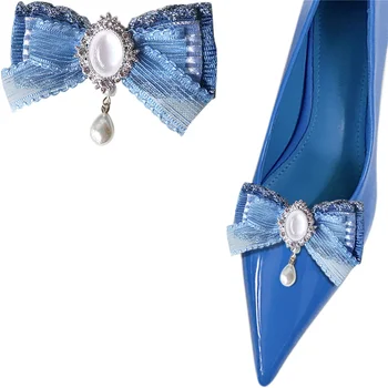2 бр., скоби за обувки в синьо лък, перлена окачване, бельо украшение за обувки, преносимо украса за дамски обувки, обтегач за обувки в стил Лолита