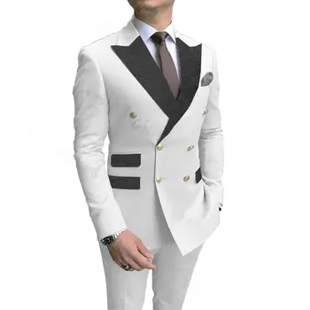 2021 Мода Черно цвете с ревери Бяло мъжко сватбена рокля за абитуриентски Костюми Двубортные мъжки костюми смокинг за парти на булката комплект от 2 теми