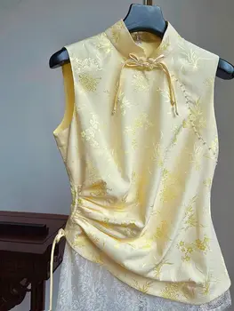 2023, женски костюми в китайски стил в стил ретро, жилетка от костюм в стил тан, жълта блуза-чонсам без ръкави, дамски ежедневни облекла hanfu qipao vesst