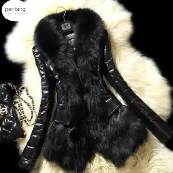 2023 Зимата меховое палто от изкуствена лисьего кожа с яка от лисьего кожа, дълги кожени дамско палто голям размер