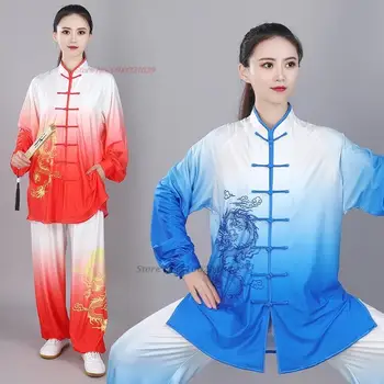 2023 китайска реколта дрехи кунг-фу, тай-чи, бойни изкуства тайцзицюань ушу, униформи наклон цветове, блузи с принтом дракон + комплект панталон