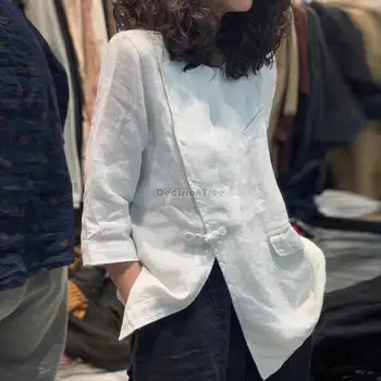 2023 китайска риза в етнически стил, изработени от памук и лен в ретро стил, непостоянно пролетно-лятна свободна женска блуза qipao копчета, топ g416