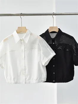 2023 Лятна нова дамски однобортная однотонная риза с къс ръкав, дамски блуза с пайети, украсена с лоскутным шиене, с отложным яка