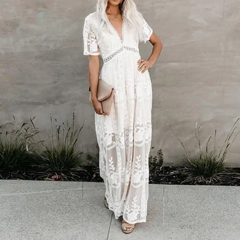 2023 Лятото ново женствена рокля макси впечатлява със своя бохемски стил, безплатен бяла лейси дълга туника с бродерия, плажна пола, облекло за почивка