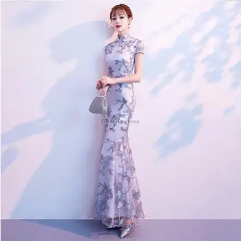 2023 новите китайски подобряване на рокля чонсам с къси ръкави, дълга рокля с риба опашка в китайски стил, елегантно секси вечерна рокля ципао s26