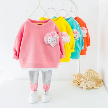 2023 Пролетни бебешки комплекти дрехи със заек за малки момичета, детски риза + панталон, костюм от 2 теми, детски спортни дрехи
