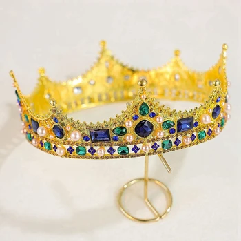 2X Златни Царски Корони За мъже - Реколта Короната С Кристали В стил барок, Мъжки Короната В цял Ръст, За Театрална Абитуриентски партита