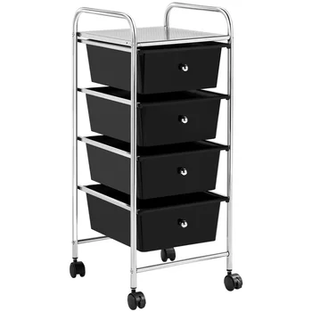 4 кутия, метална скелетна количка за съхранение, количка-организатор на колела, пластмасови кутии, черен органайзер за съхранение