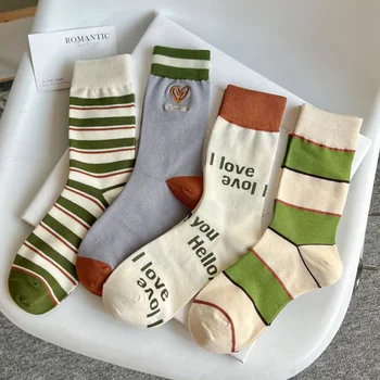 4 чифта нови модни чорапи на луксозна марка, женски есенно-зимните дълги чорапи памук с бродерия във формата на сърце, кръгла, полка точки, с букви Sokken