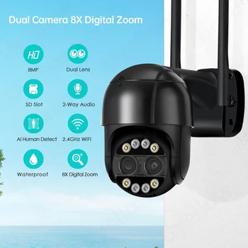 4K PTZ IP Камера 8MP с 8-кратно Увеличение, Двухобъективная Камера за видео наблюдение с откриването на човека, 4MP Умен Дом, Защита на Сигурността на открито, Wifi, Уеб Камера за Наблюдение