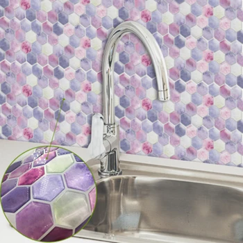 5 бр. PVC розово-лилаво hexagonal 3D стикер на стената за кухня, баня, стикер на тухлена стена, стикер на плочки, водоустойчив и устойчив на надраскване