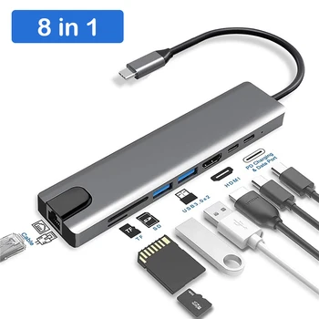 8 в 1 ХЪБ USB Type C 2 HDMI-съвместими Двухмониторных устройство с Гигабитным USB възел RJ-45 PD 3,5 мм SD/TF карта USB-C Адаптер за пренос на данни