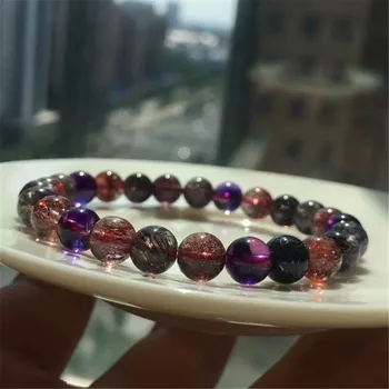 8 мм Естествени цветни гривна от лилав рутилового кварц Super Seven 7 за жени, подарък за мъже, кръгли перли, кристални нишки, бижута AAAAA
