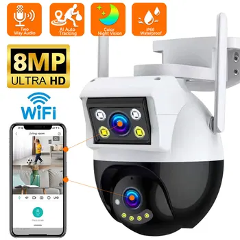 8MP 4K PTZ Wifi камера с двойна леща с двоен екран Ai Human Detect Безжична камера за външно наблюдение P2P ВИДЕОНАБЛЮДЕНИЕ iCSee App