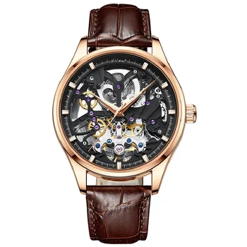 AILANG Модерен, висок клас марка, луксозни мъжки часовник, корпус от розово злато, кожени мъжки бизнес механични часовници в ретро стил, steampunk, 8607 Г