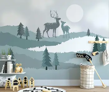 beibehang 3D големи тапети, стенни картини, син сладък лосове, пейзаж с планините, на дърво, на фона на фона на зората, монтиран на стената фигура де пареде