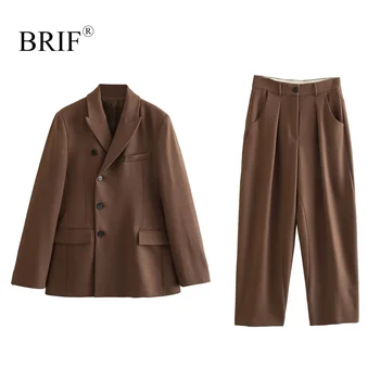 BRIF Женски модерен кафяв блейзър с появата на засаждане и панталони-котлони на талията, миди, комплект от 2 теми, яке и панталони за офис дама