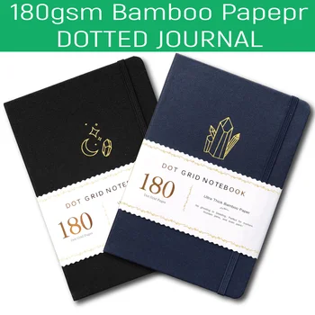 BUKE Notebook, страници с мрежа под формата на точки, 180 г бамбукова дебела бяла хартия, черна водоустойчива тъканно покритие