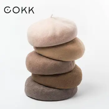 COKK Дамски шапка-барета от 100% вълна, меки обикновена есенно-зимните шапки за жени, дамски реколта шапчица с уводна част, дамски шапчица художник