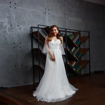 Doymeny Елегантна Сватбена рокля от Тюл копчета с кръгло деколте и аппликацией в формата на Цветя, Дълъг Ръкав, Трапециевидный Придворен Струята, Robe De Mariee