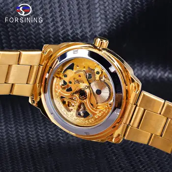 Forsining, модерен прозрачен мъжки автоматично механични часовници в ретро стил, най-добрата марка за луксозни часовници-скелет със златни светещи стрелки