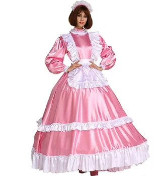 Heißer Verkauf Neue Maid Mädchen Erwachsene Lubomir Abschließbar Rosa Langarm Satin Unabhängige Schürze Lange Kleid Cosplay Kostüm