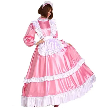 Heißer Verkauf Neue Maid Mädchen Erwachsene Lubomir Abschließbar Rosa Langarm Satin Unabhängige Schürze Lange Kleid Cosplay Kostüm