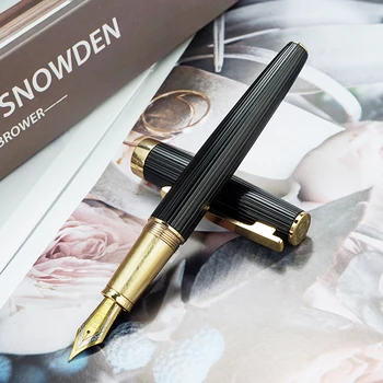 Hongdian 1845 Метална черна писалка, стоманена красива чернильная дръжка на ивици, сверхтонкая / с тънко перо, подарък дръжка за офис бизнес писма