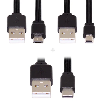 Jimier USB 2.0 Type-A на Mini Micro USB Type-C Штекерный Кабел за предаване на данни Плосък Тънък Гъвкав кабел за FPV, диск и телефон, 3 бр./компл. 13 см