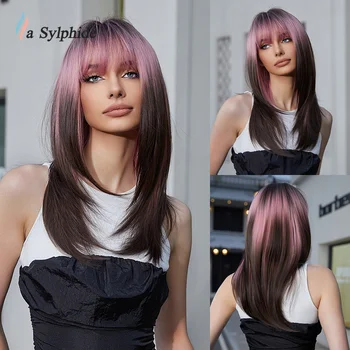 La Sylphide кафяво-розова перука с бретон Дълги прави синтетични перуки добро качество за жени за всеки ден от естествени топлоустойчива на косата